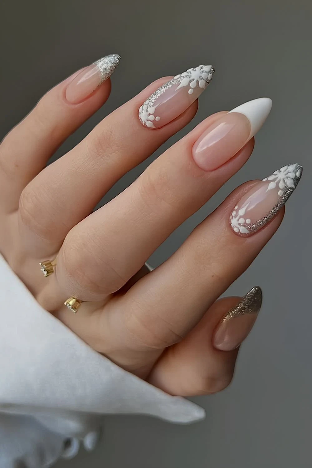 White Christmas French mani with snoflakes and silver glitter