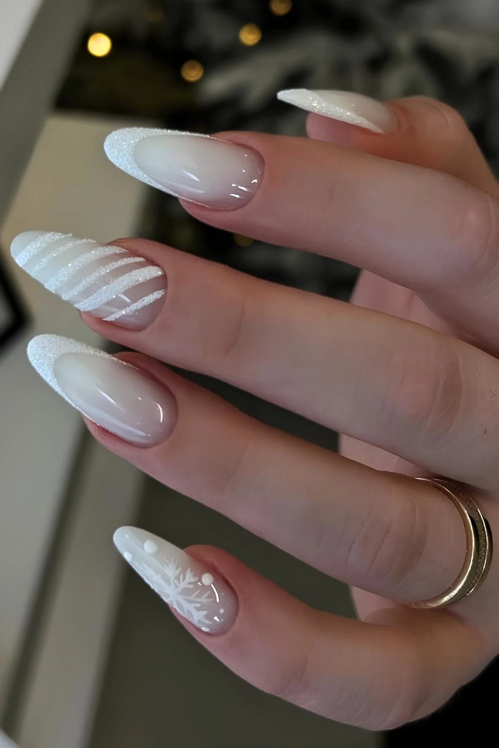 White Christmas French tips with glitter and stripes