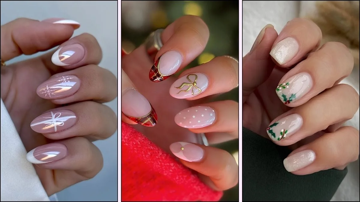 A collage of white nail designs for Christmas