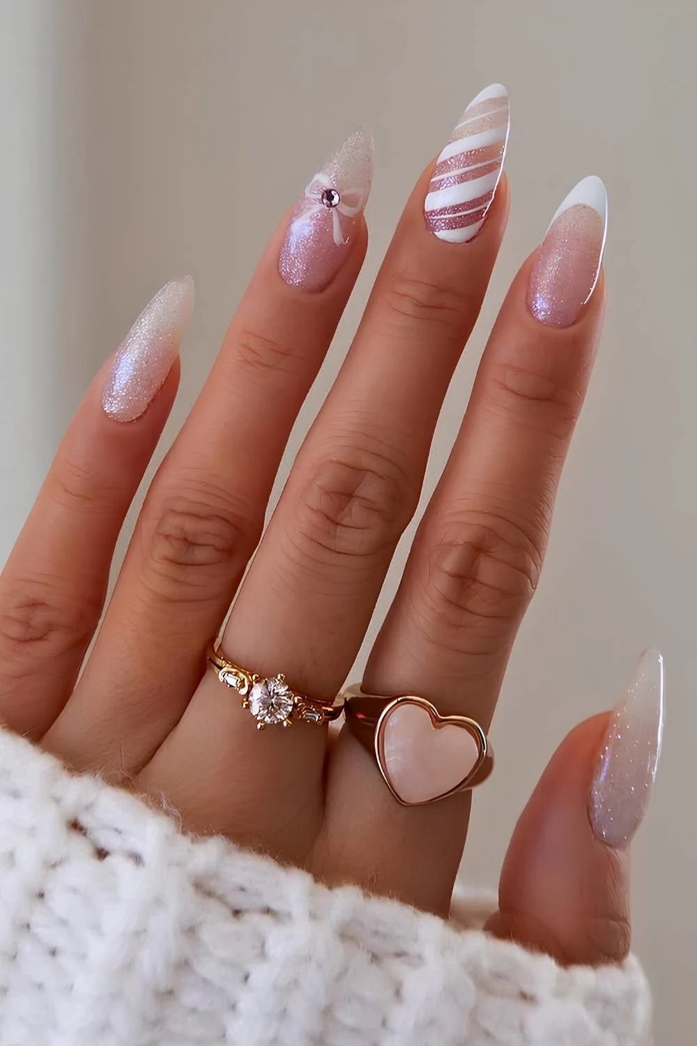 White Christmas nails with bows and snowflakes