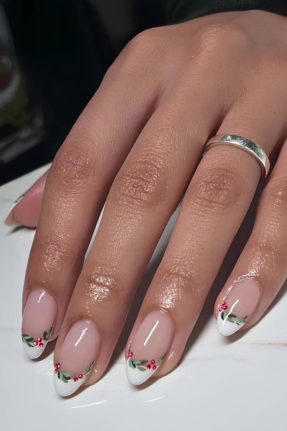 White French mani with Christmas holly art