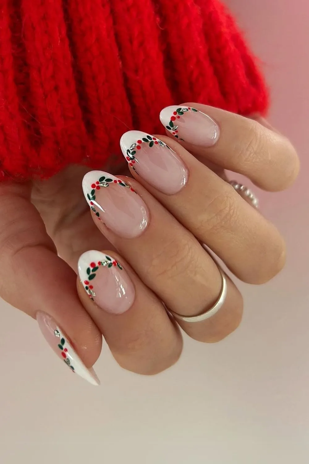 White French nails outlined with holly berry art