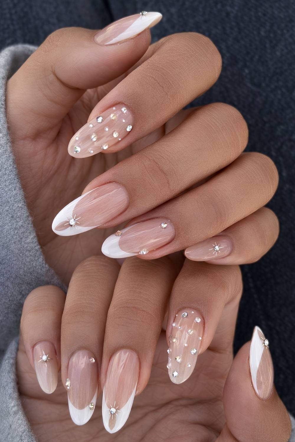 White French nails with gems and micro pearls