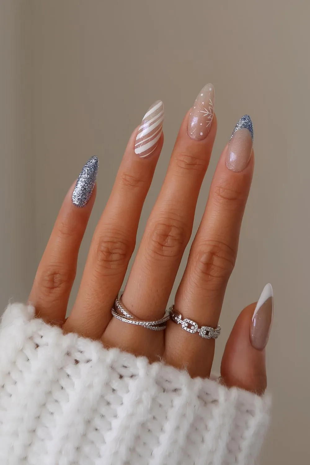 White and blue Christmas nails