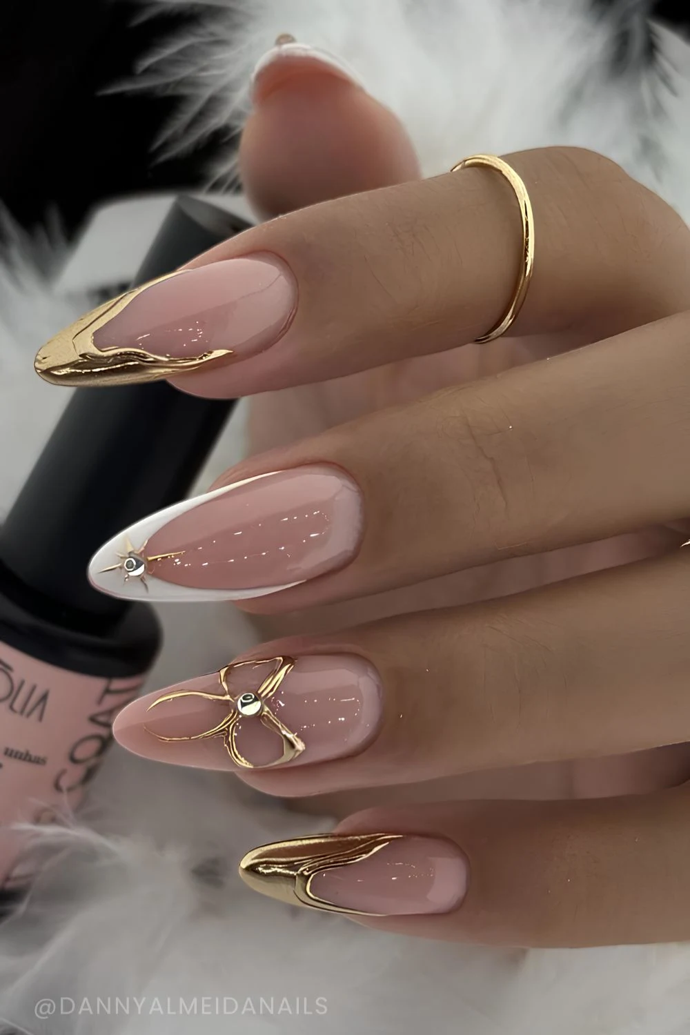 White and gold chrome French mani with bows