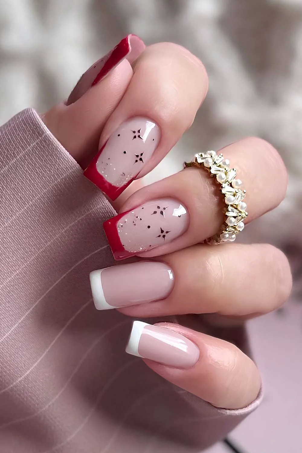 White and red Christmas French nails with stars