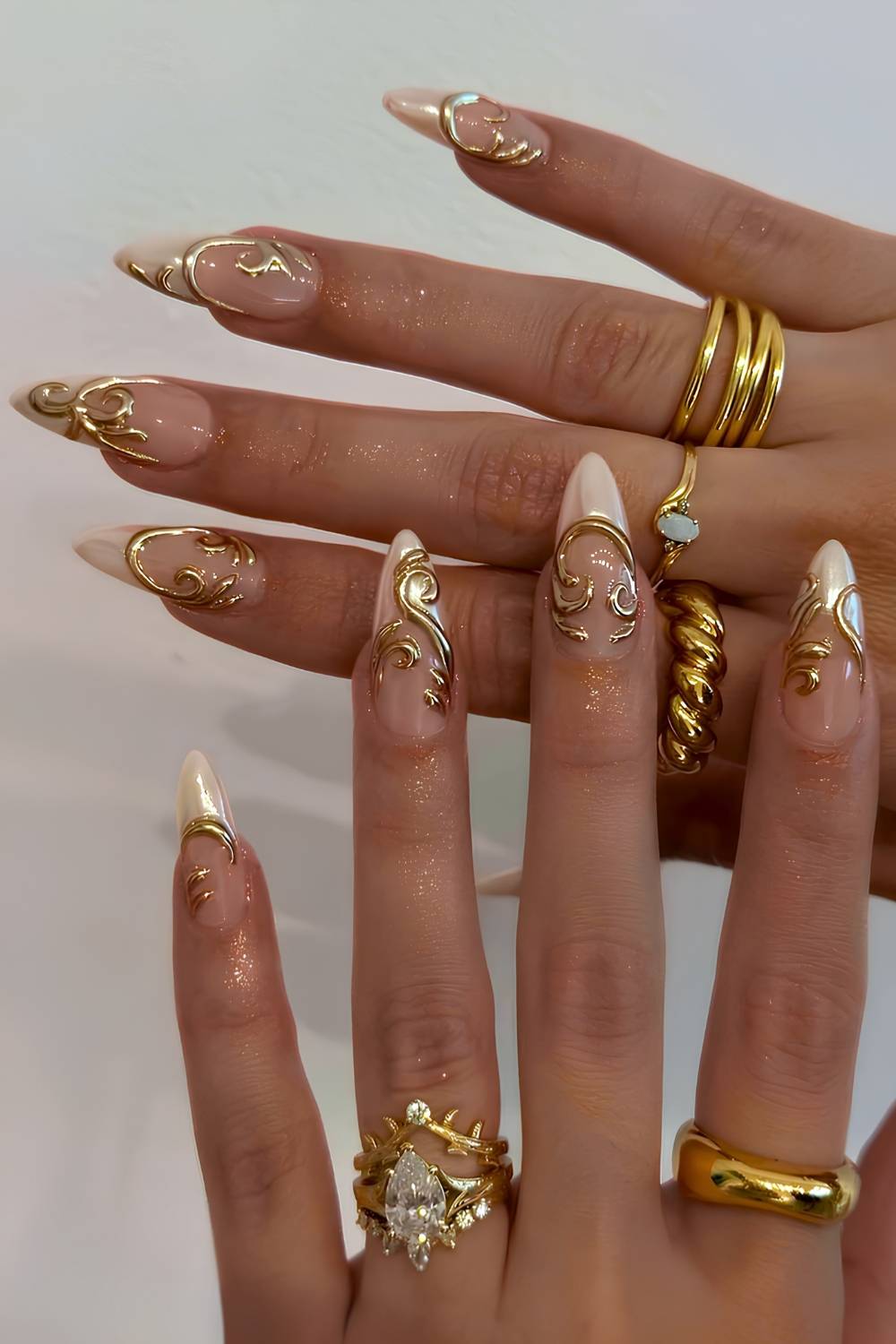 White chrome French mani with 3d gold art