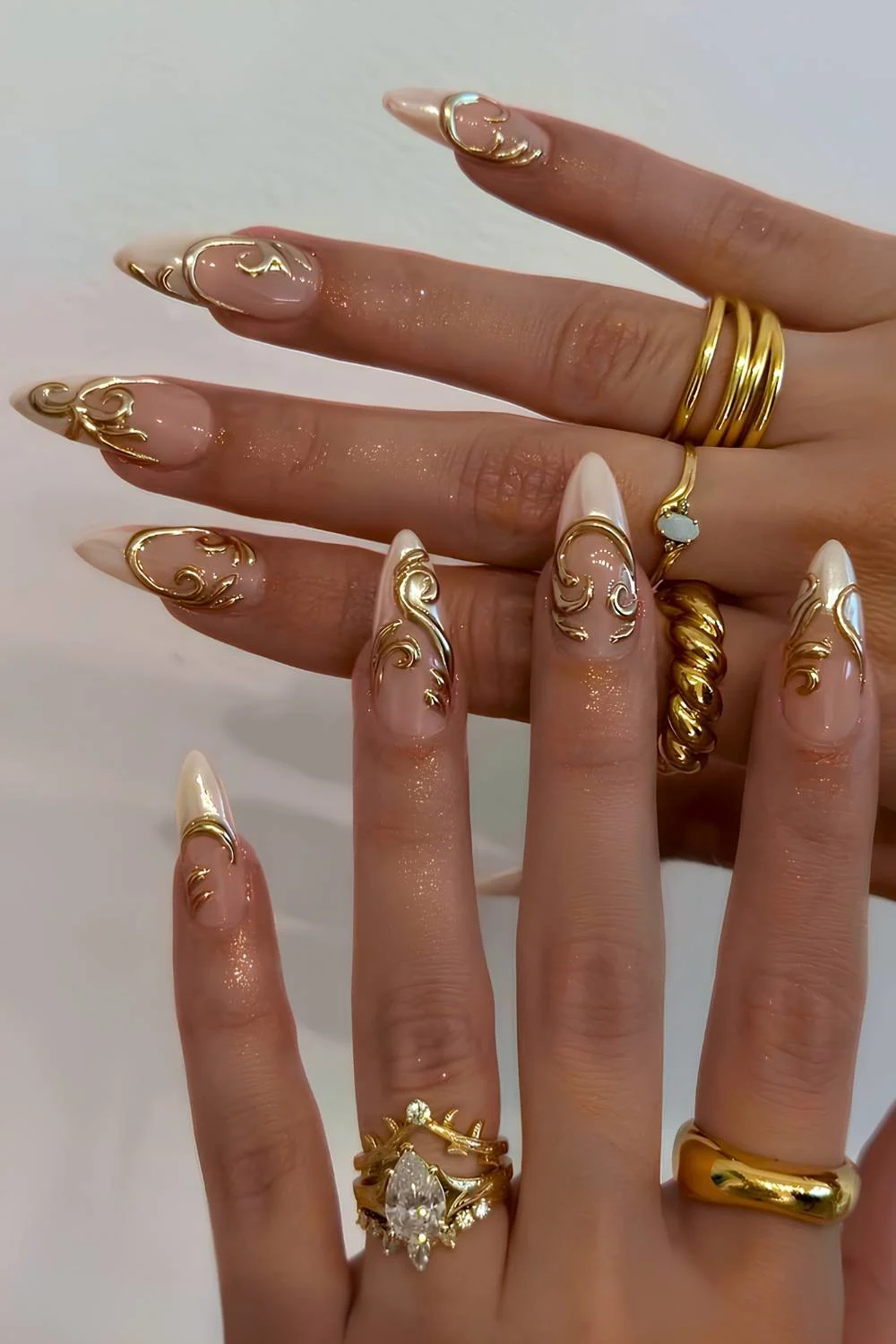 White chrome French mani with 3d gold art