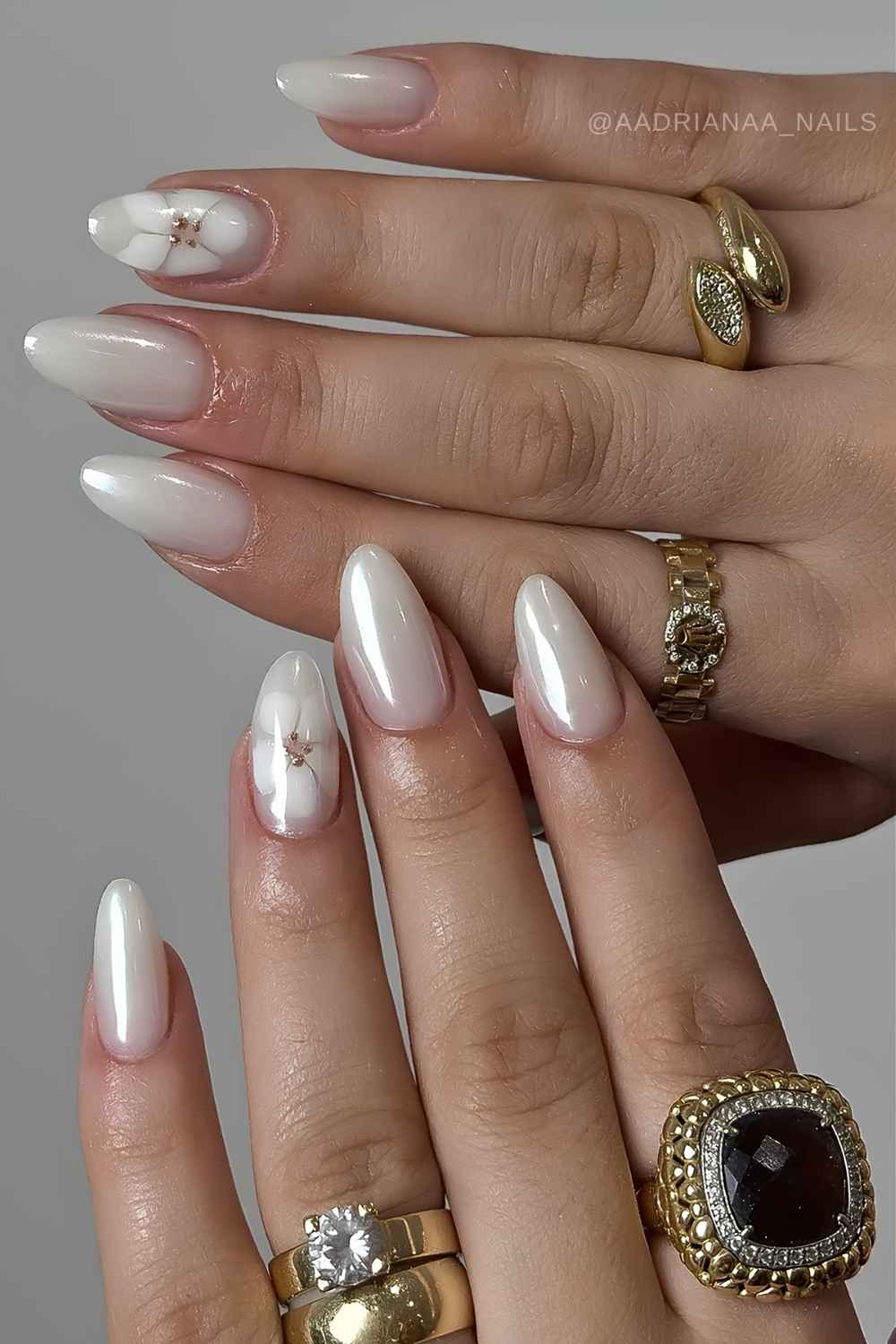 White chrome mani with blooming gel florals