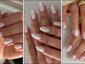 A collage of white chrome nail designs