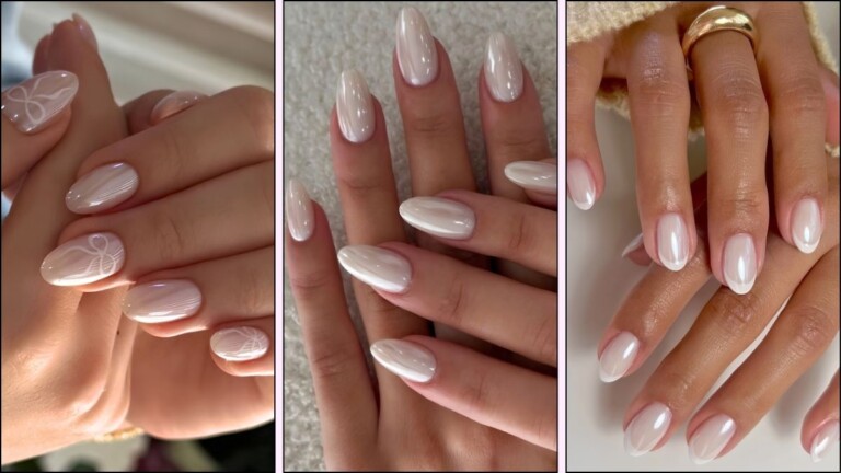 A collage of white chrome nail designs