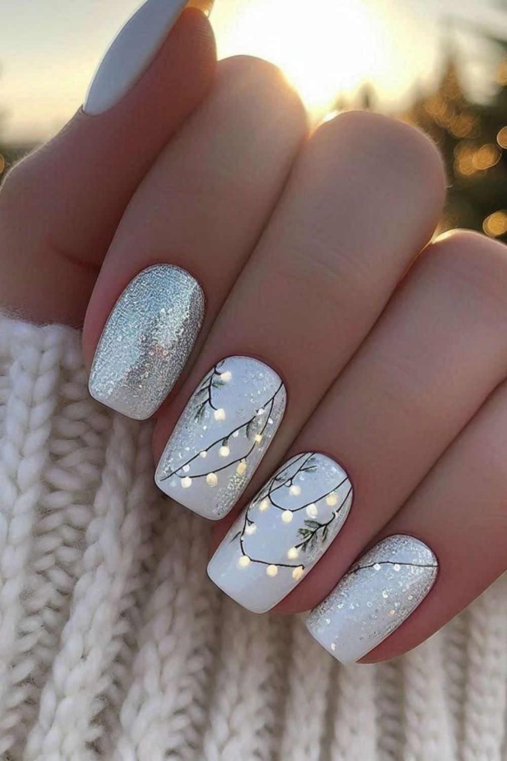 White glitter nails with Christmas lights accent