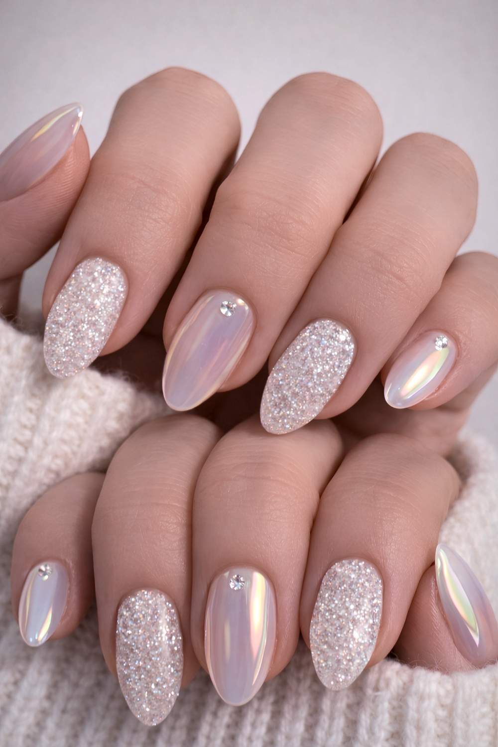 White nails with glitter and chrome finishes