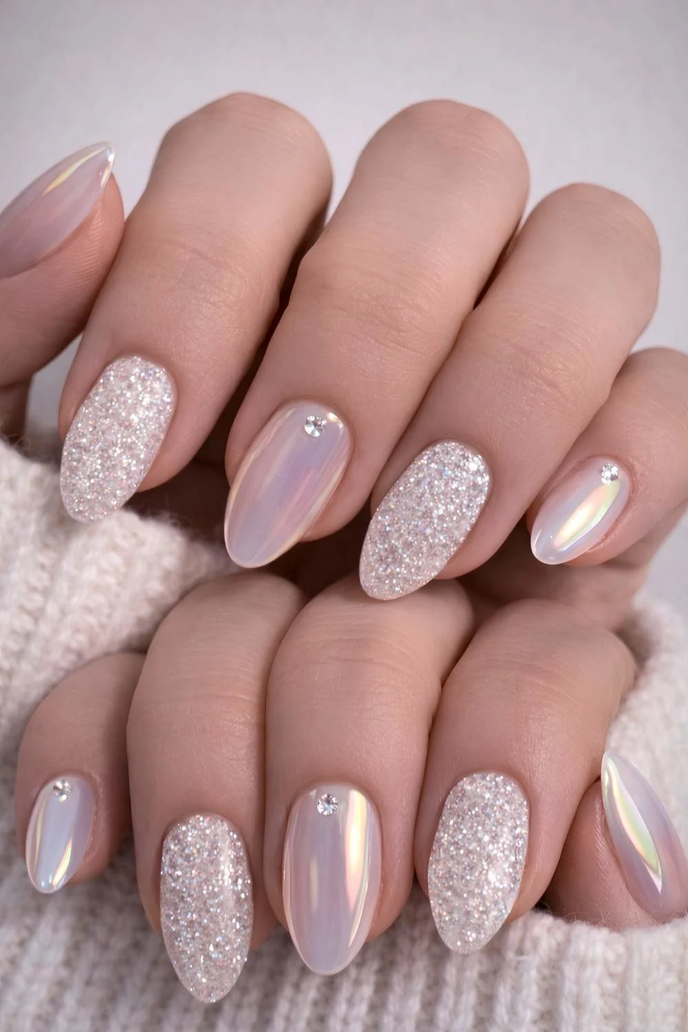 White nails with glitter and chrome finishes