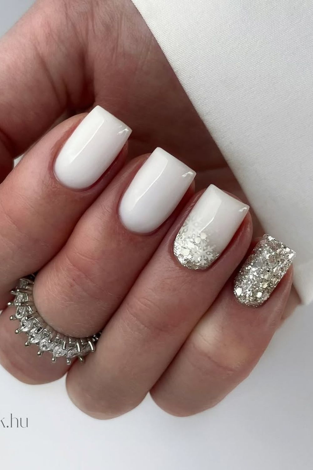 White nails with glitter