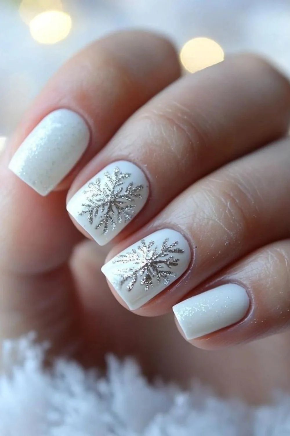 White nails with glittery snowflakes