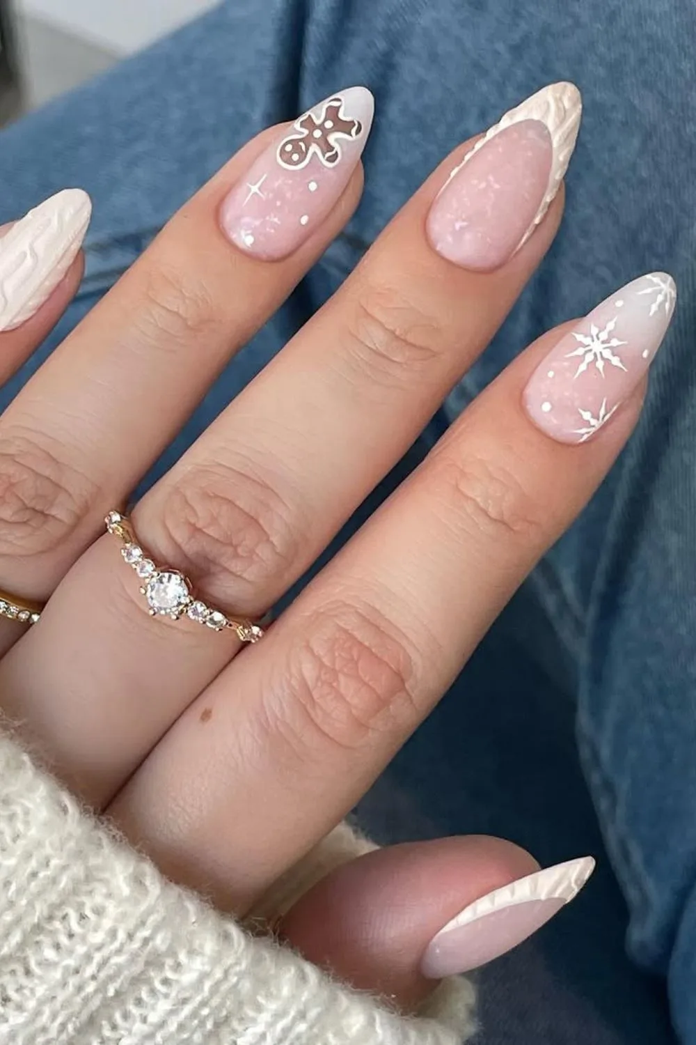 White nails with shimmer and gingerbread accent in sweater design