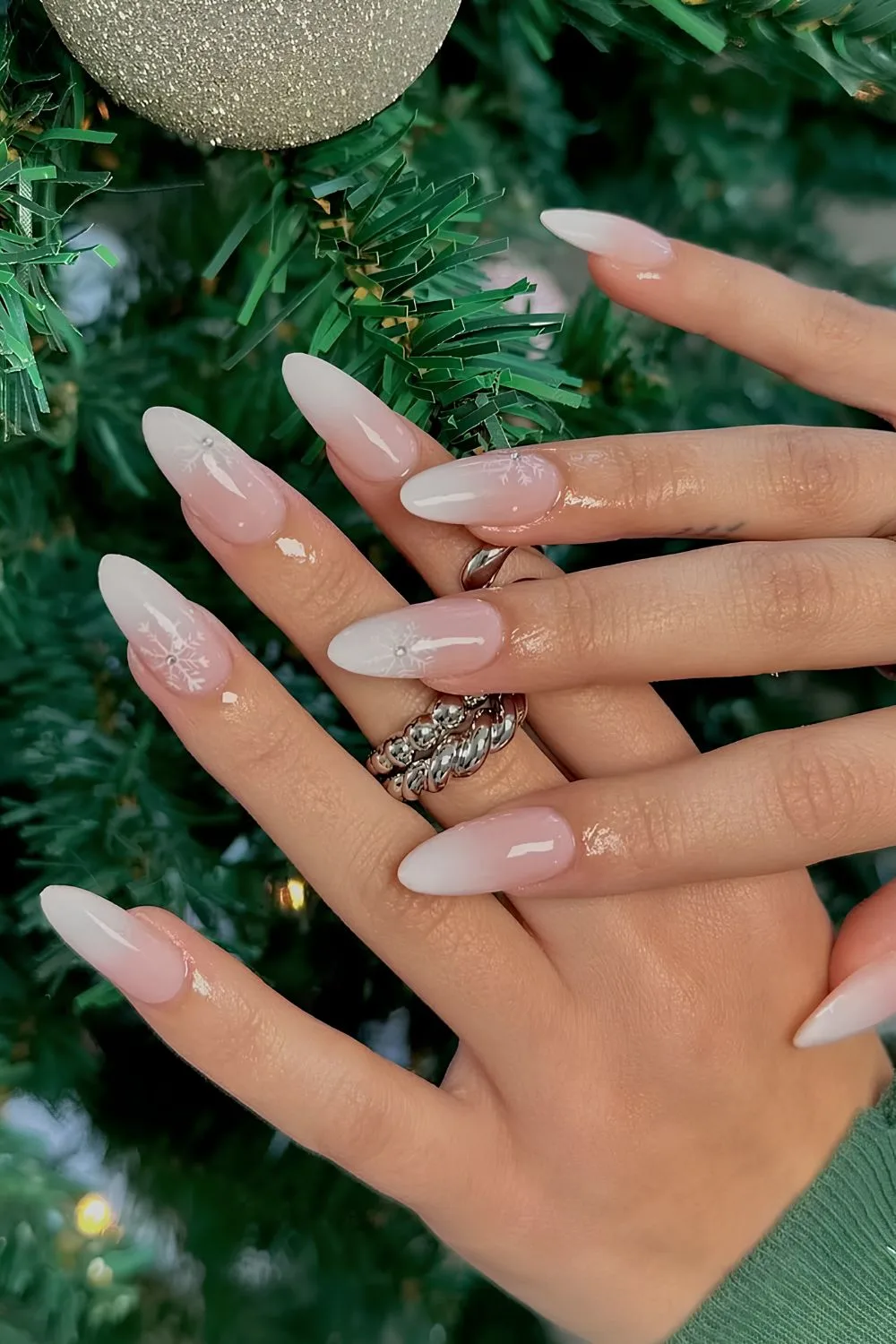 White ombre nails with snowflakes