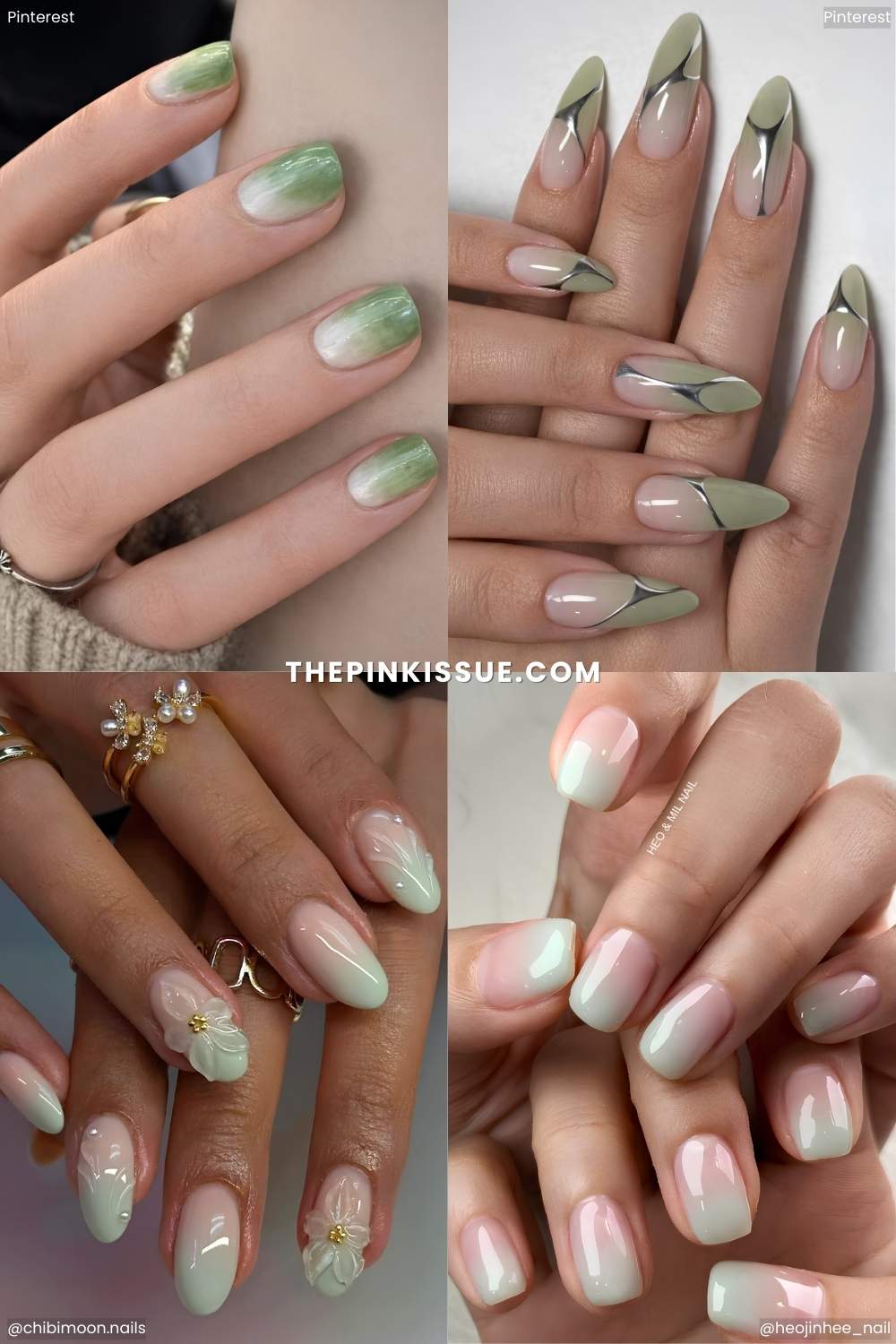 A collage of green ombre nails