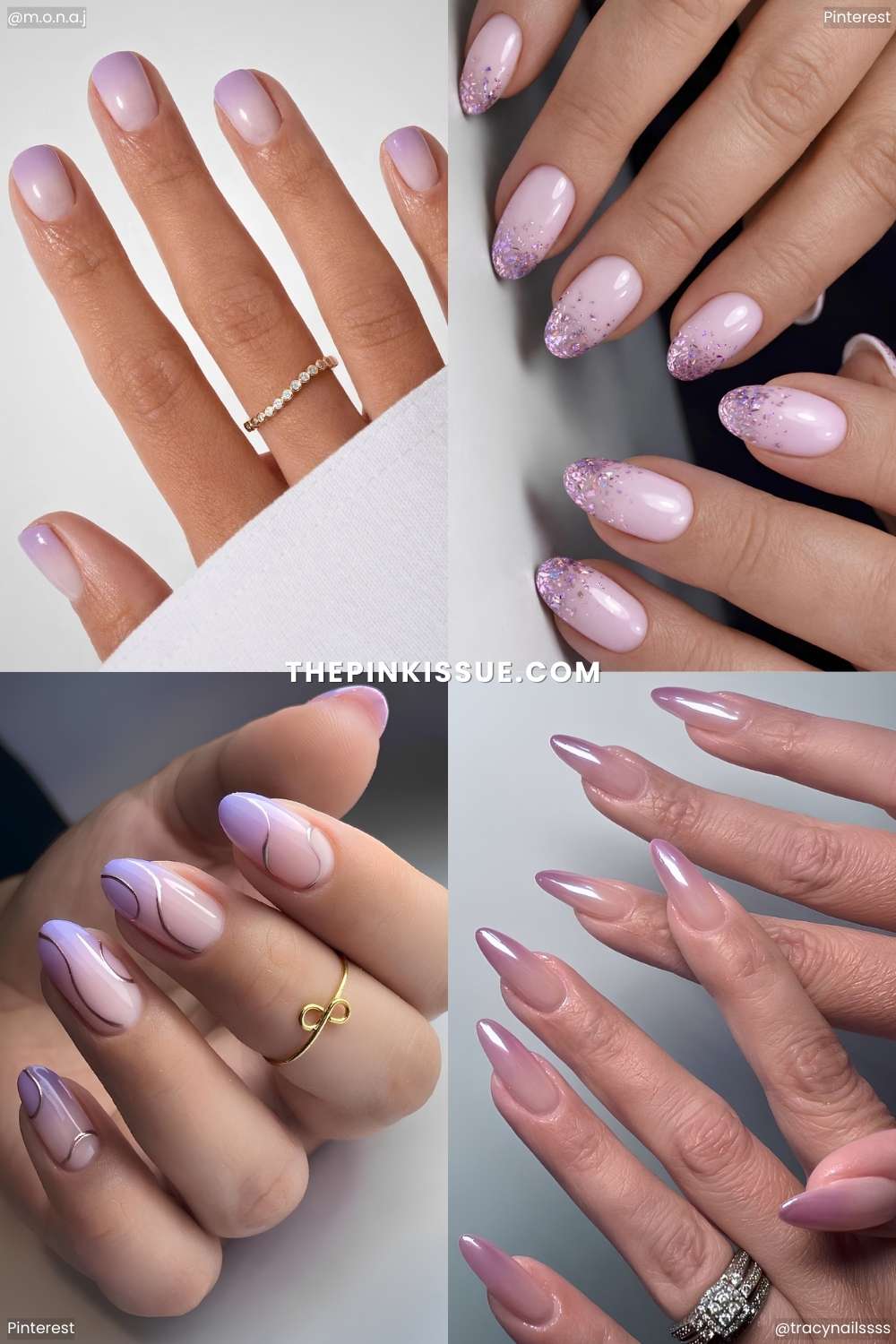 A collage of purple ombre manis