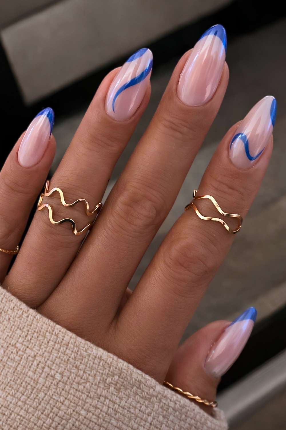 Abstract blue French mani with chrome finish