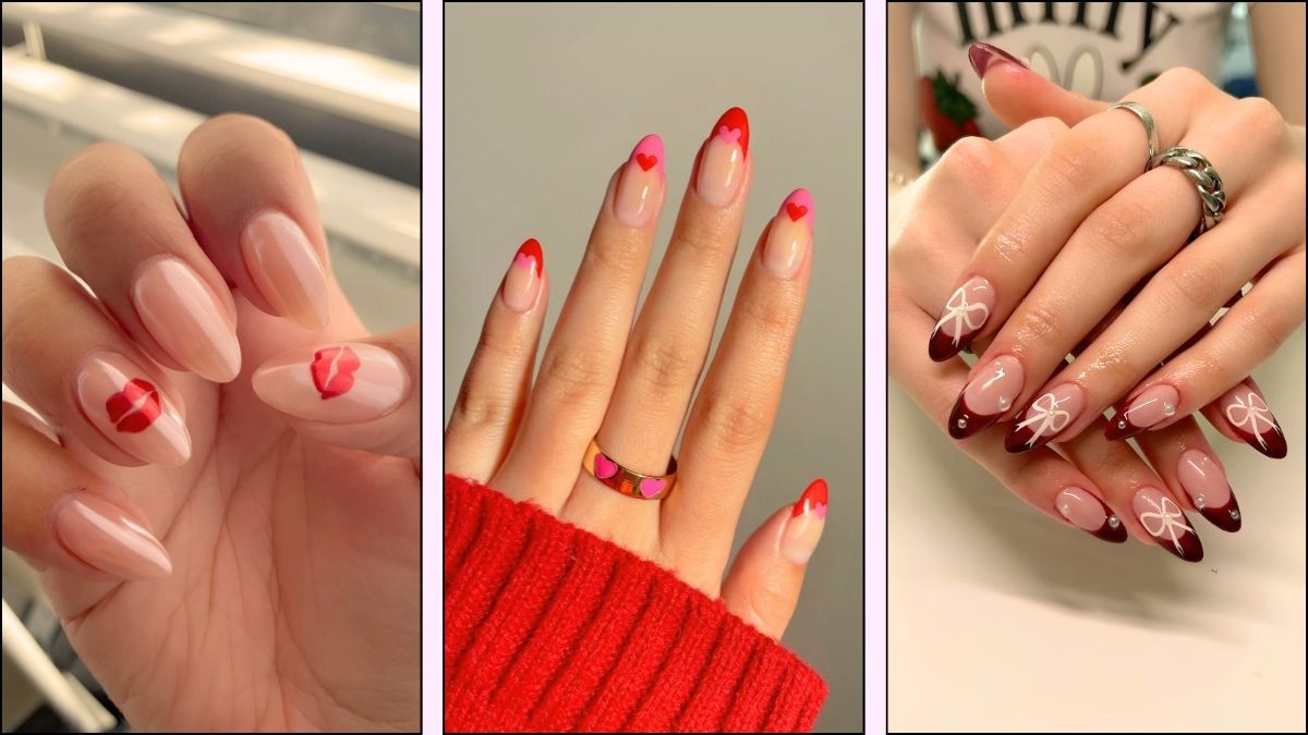 A collage of almond Valentines nail ideas