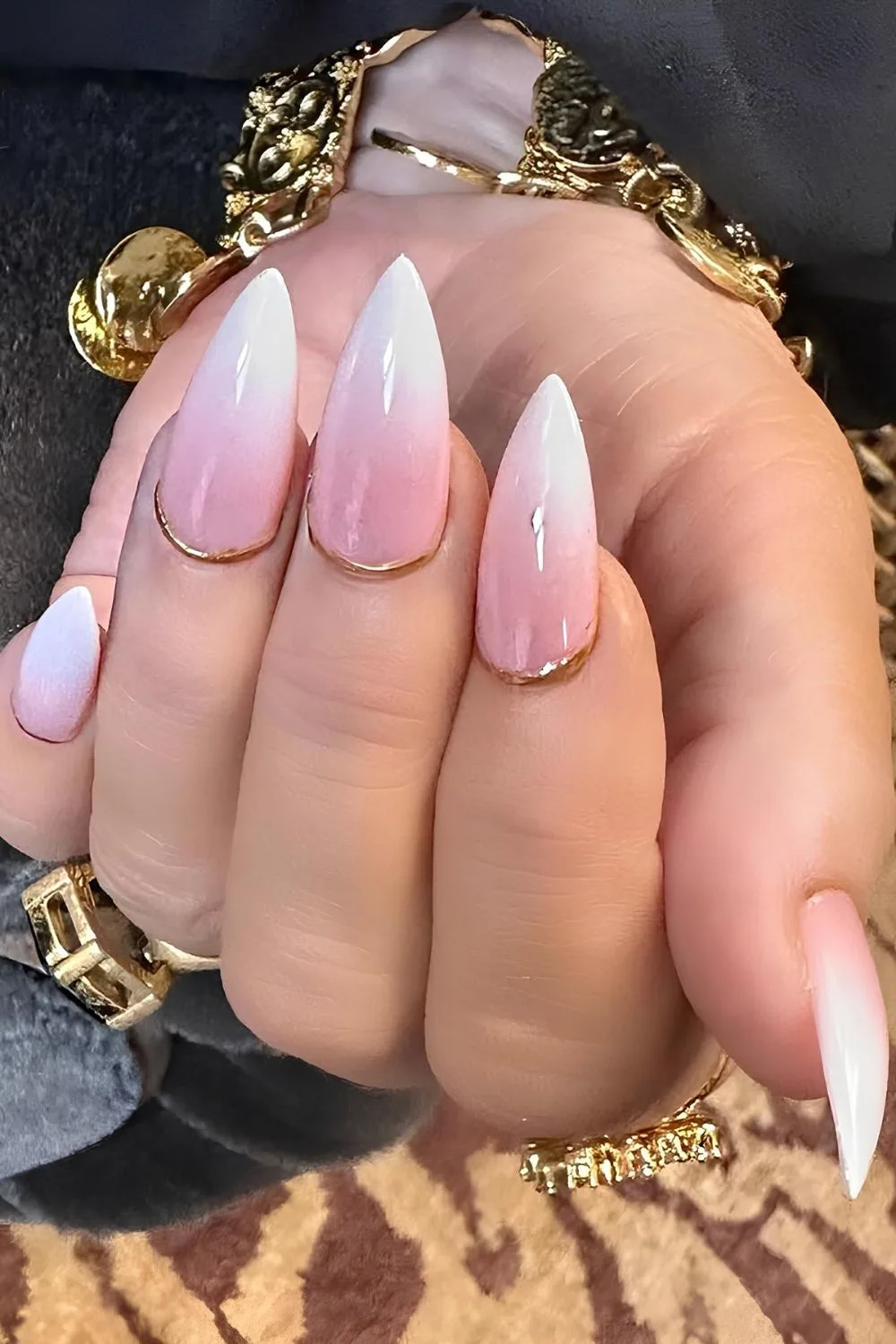 Baby Boomer nails with gold cuticle accents 