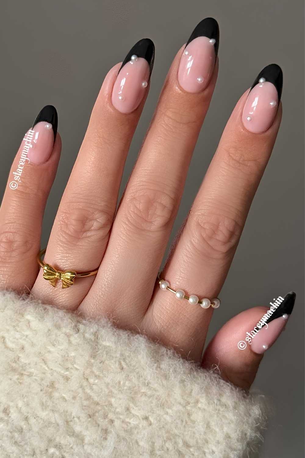 Black French mani with micro pearl accents
