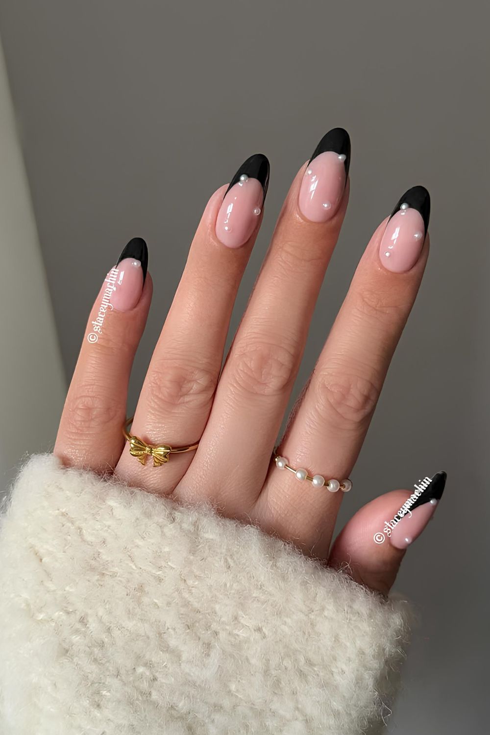 Black French mani with pearls