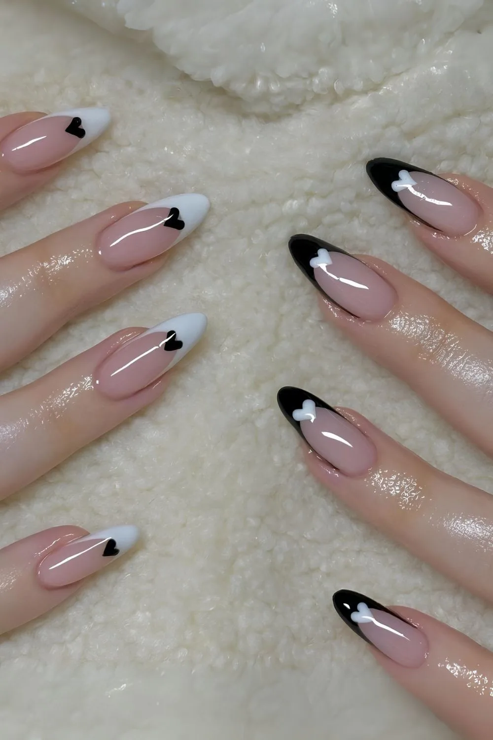 Black and white French nails with hearts