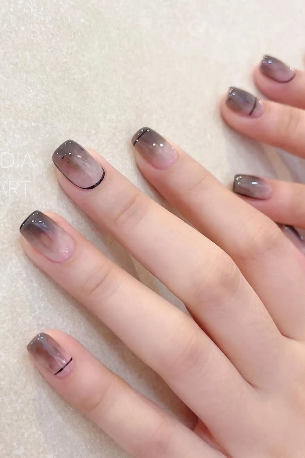 Black jelly ombre nails with black lines