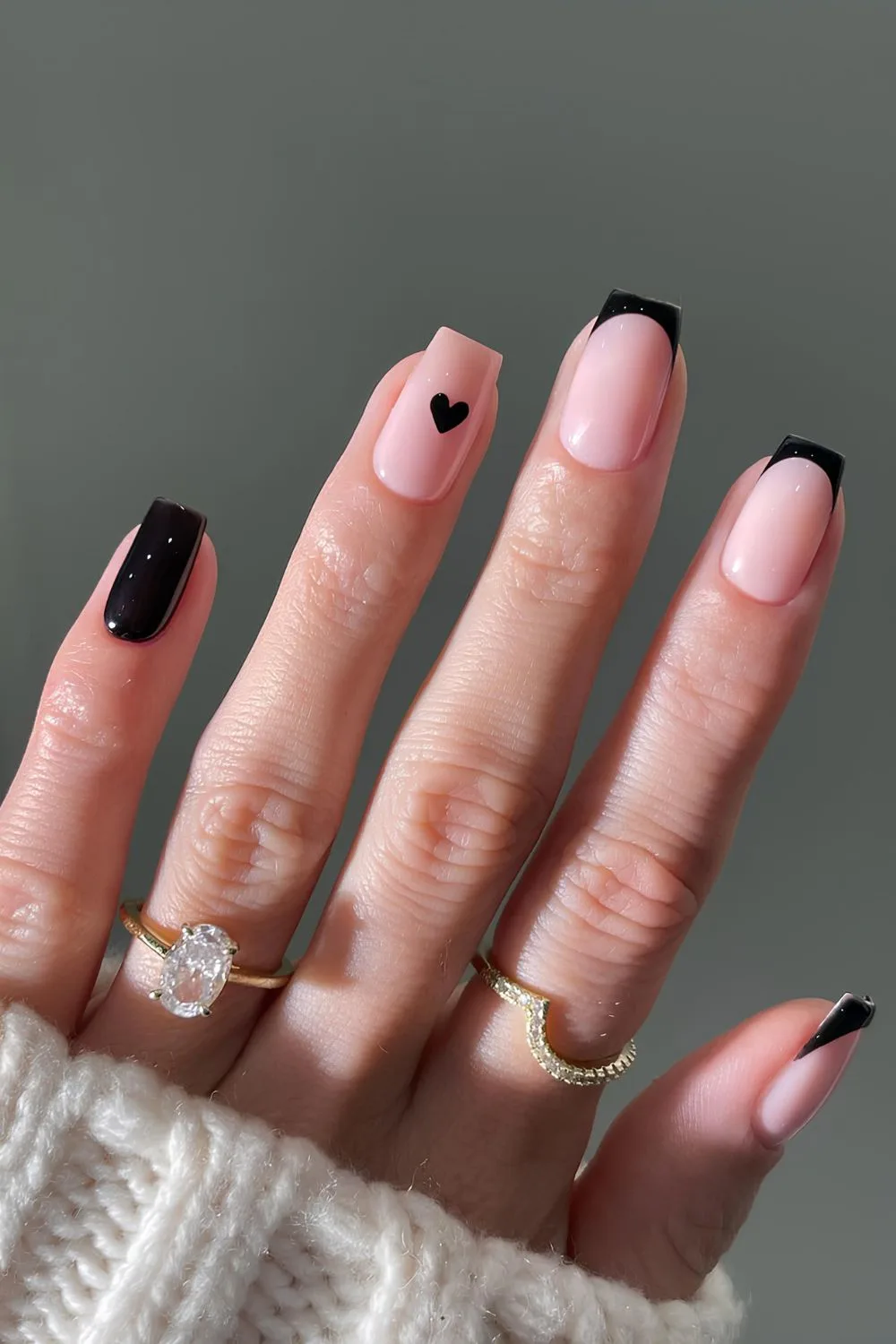 Black tip nails with heart accent