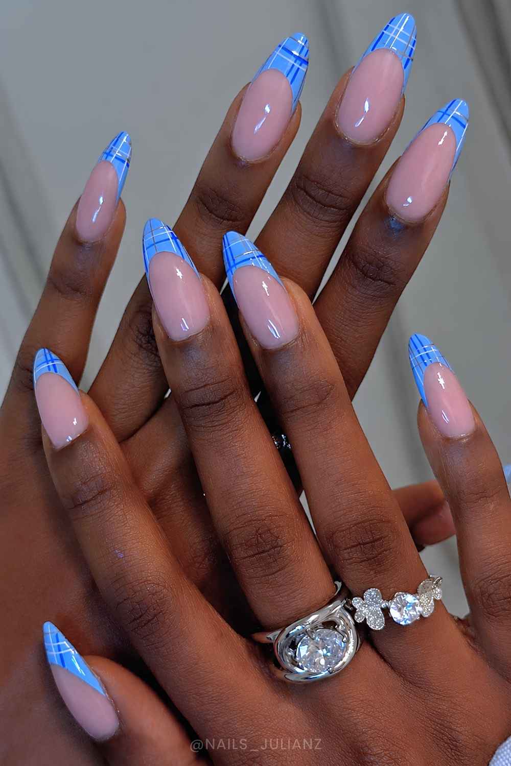 Blue plaid French manicure