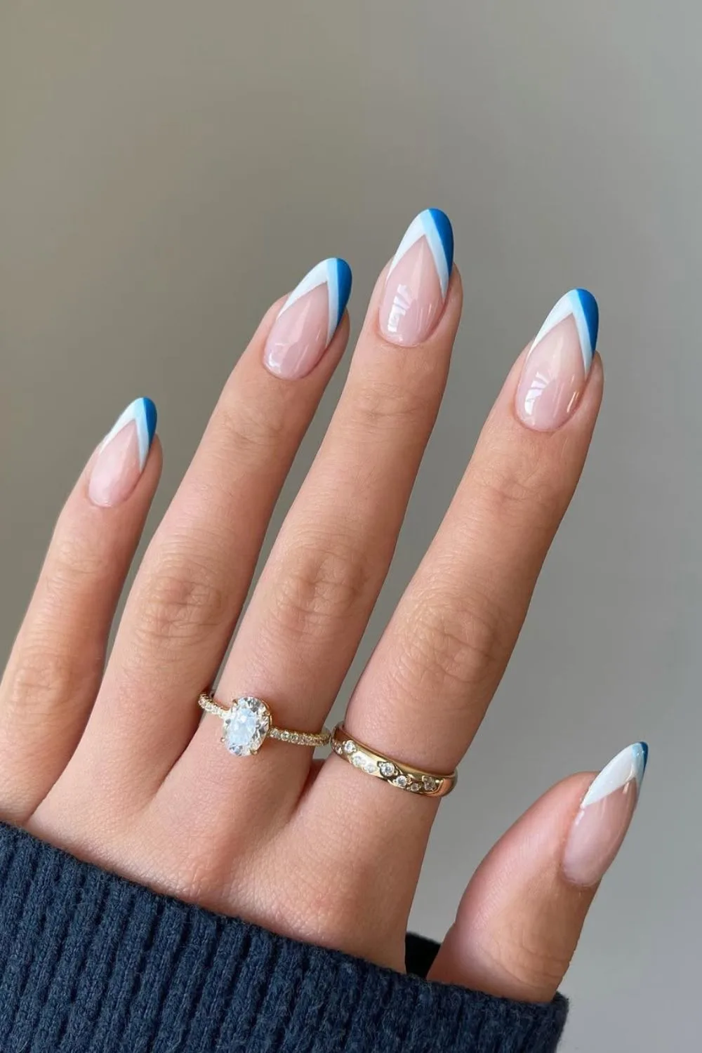 Blue pointed French tip nails