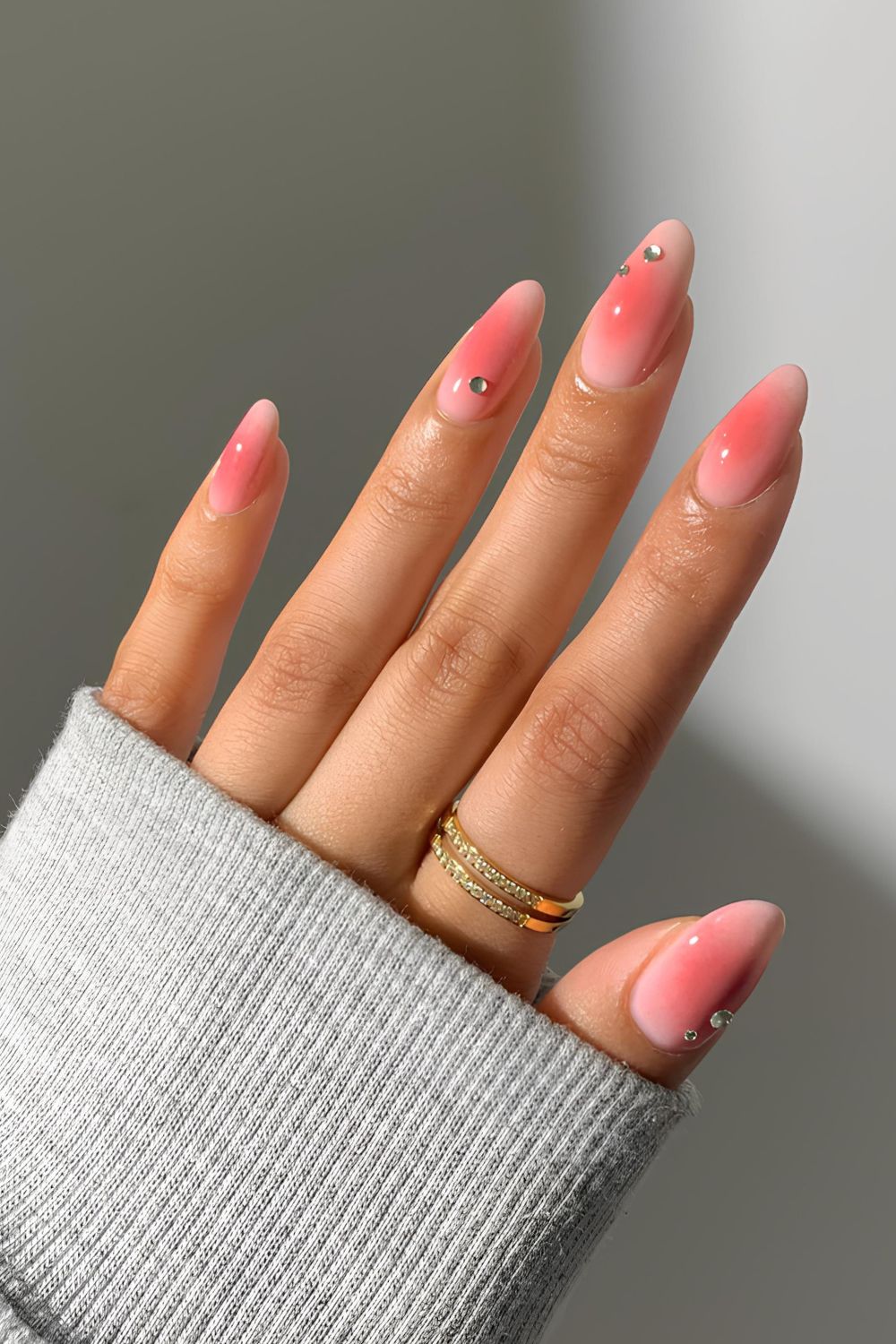 Blush aura nails with rhinestones