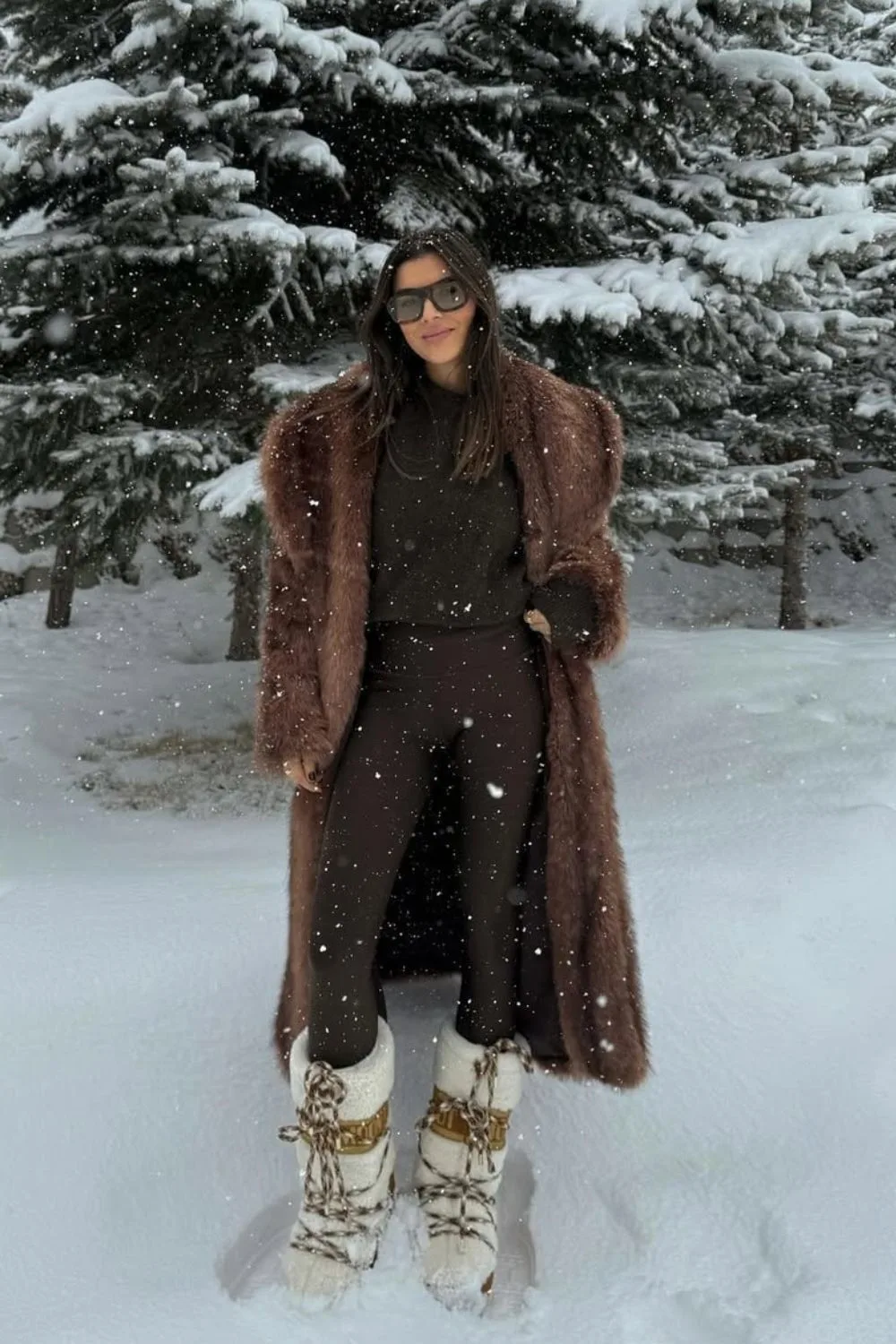 Brown maxi fur over brown legging and shirt with snow boots