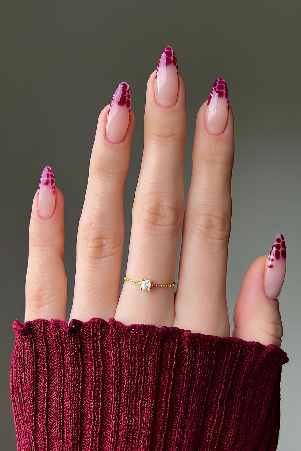 Burgundy snake print french tips