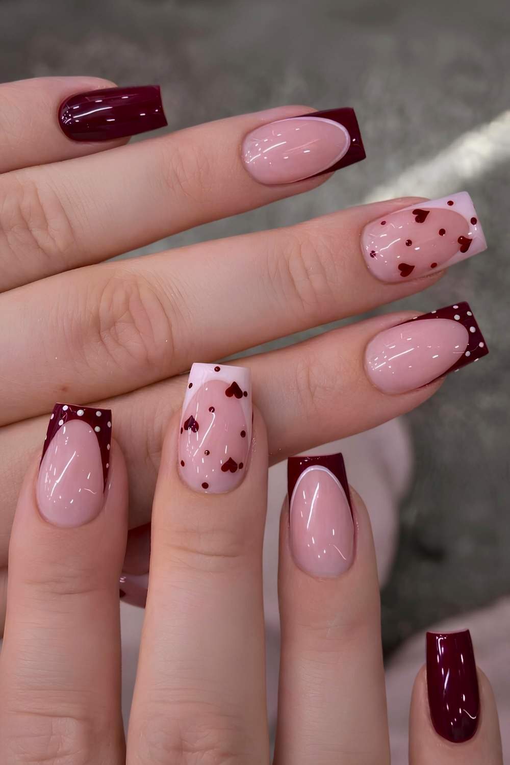 Cherry mocha and pink Valentines Day nails