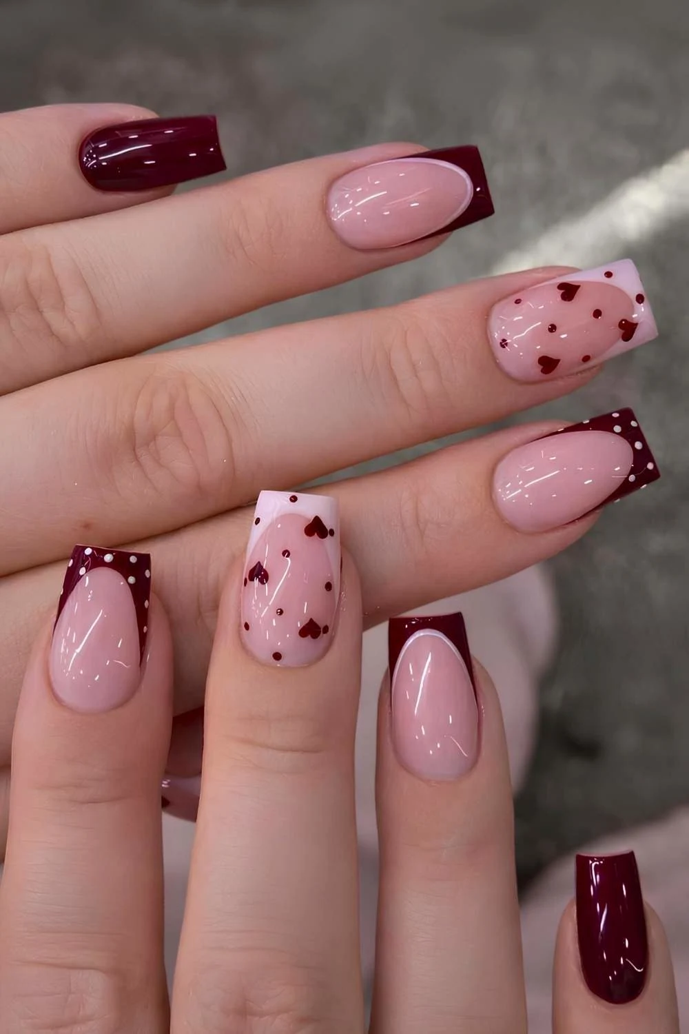 Cherry mocha and pink Valentines Day nails