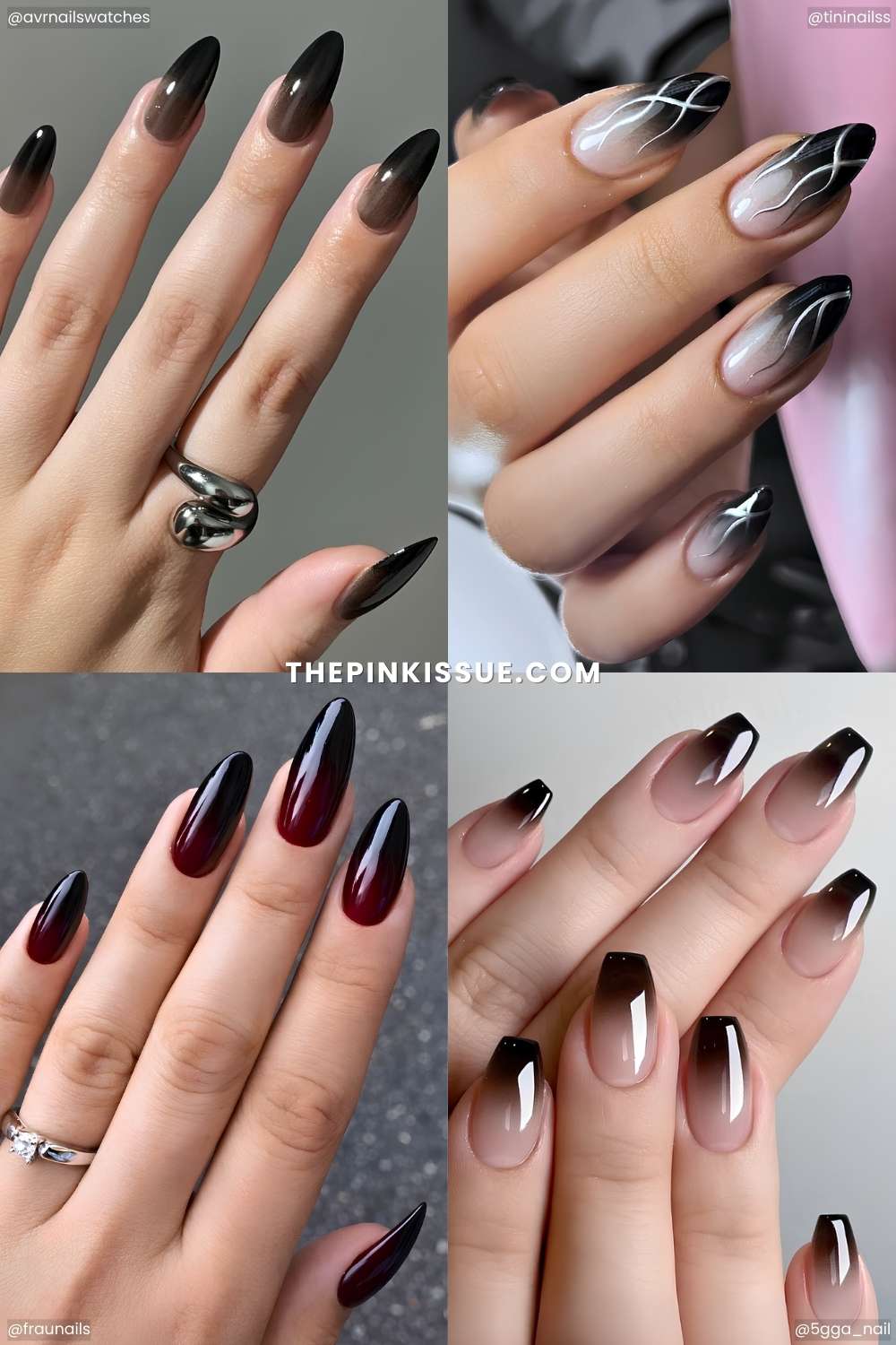 A collage of black ombre nail designs