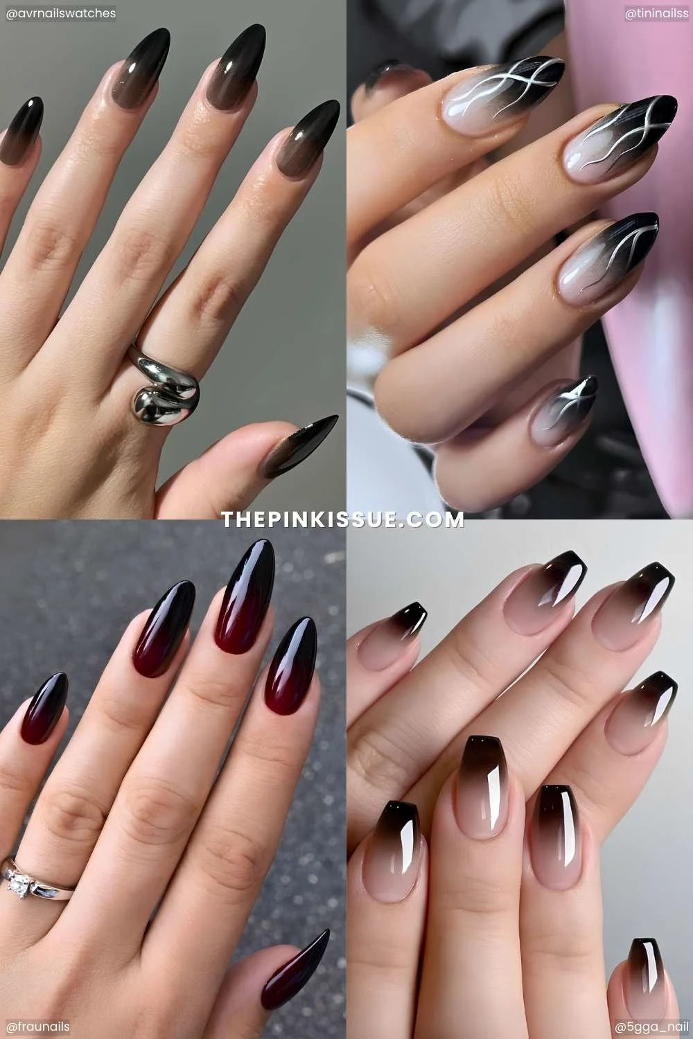 A collage of black ombre nail designs