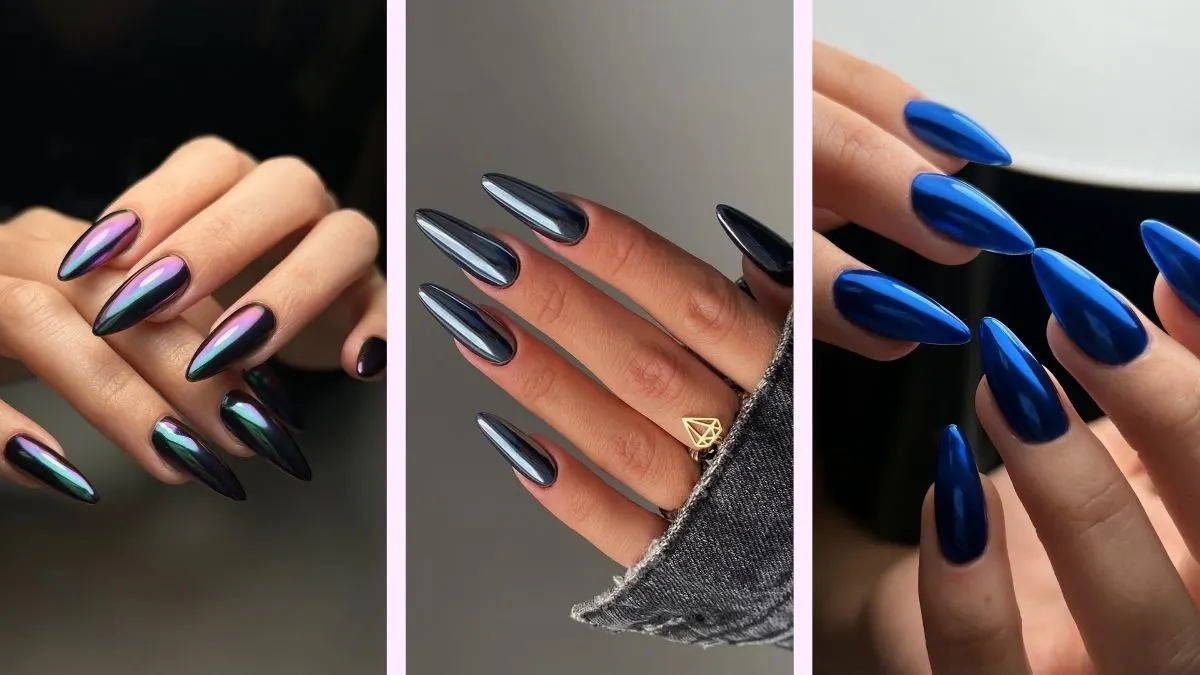 Collage of dark chrome nails