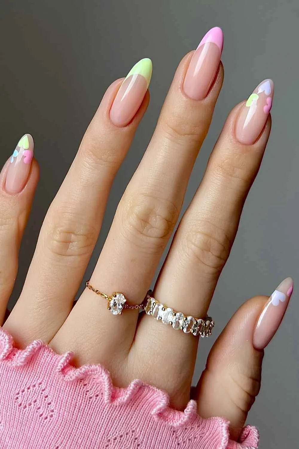 Colorful pastel French mani with hearts