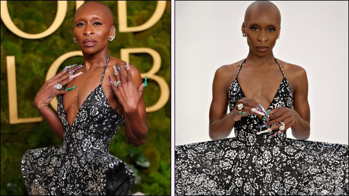 A collage of Cynthia Erivo showing her Golden Globes nails