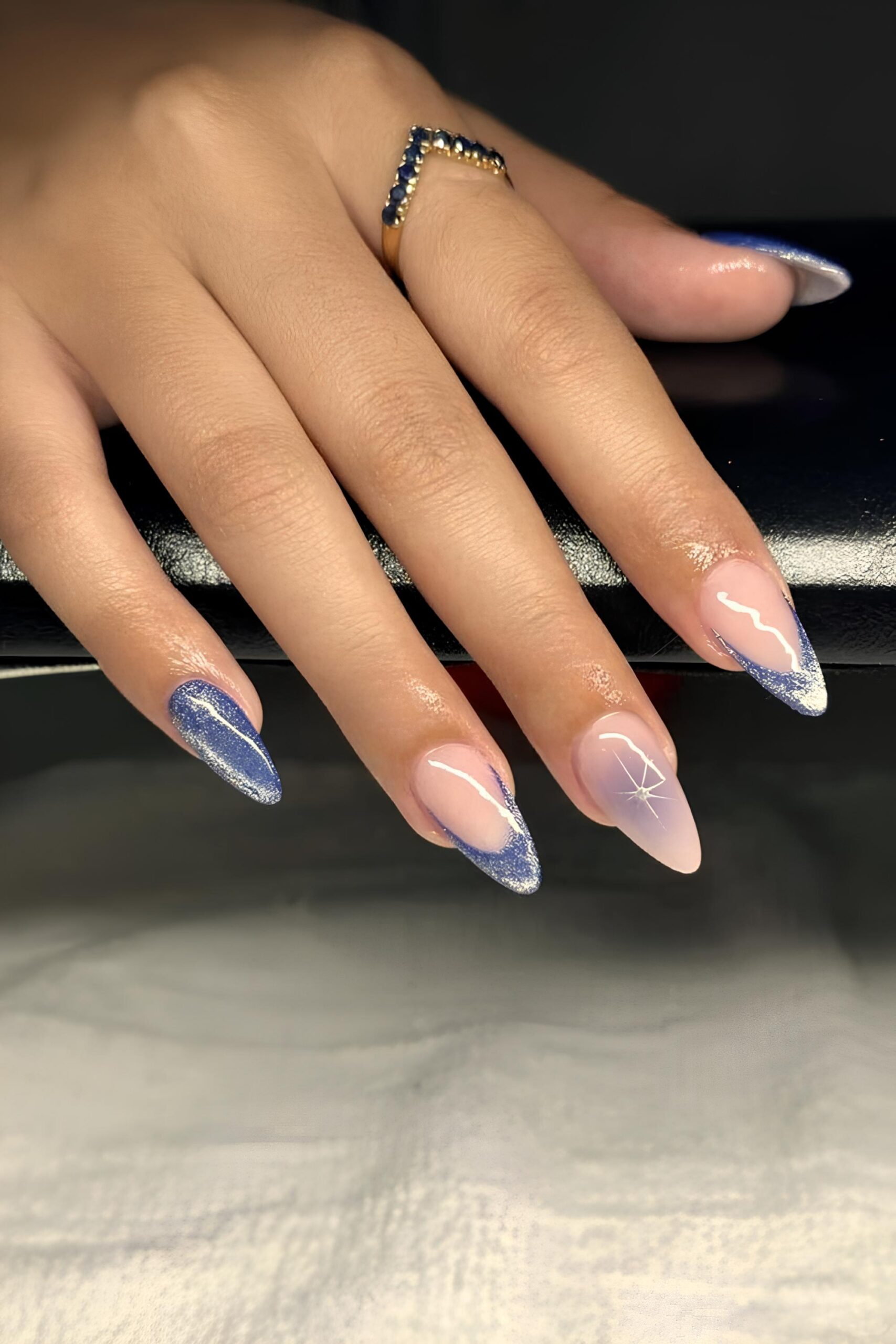 Dark blue velvet French tip nails