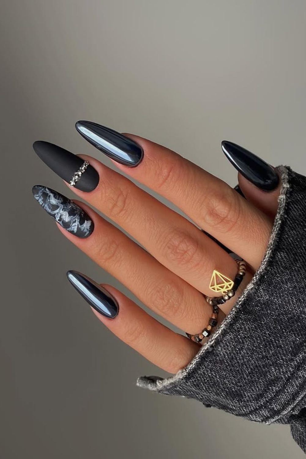 Dark chrome matte and marble combo nails