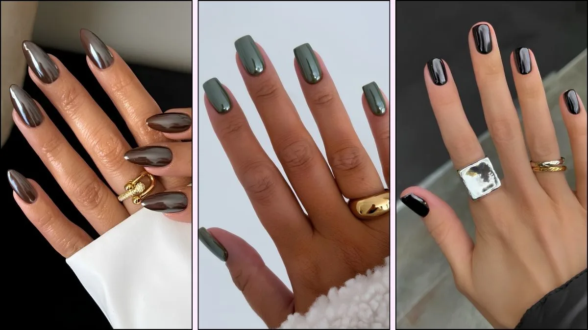 A collage of dark chrome manicures