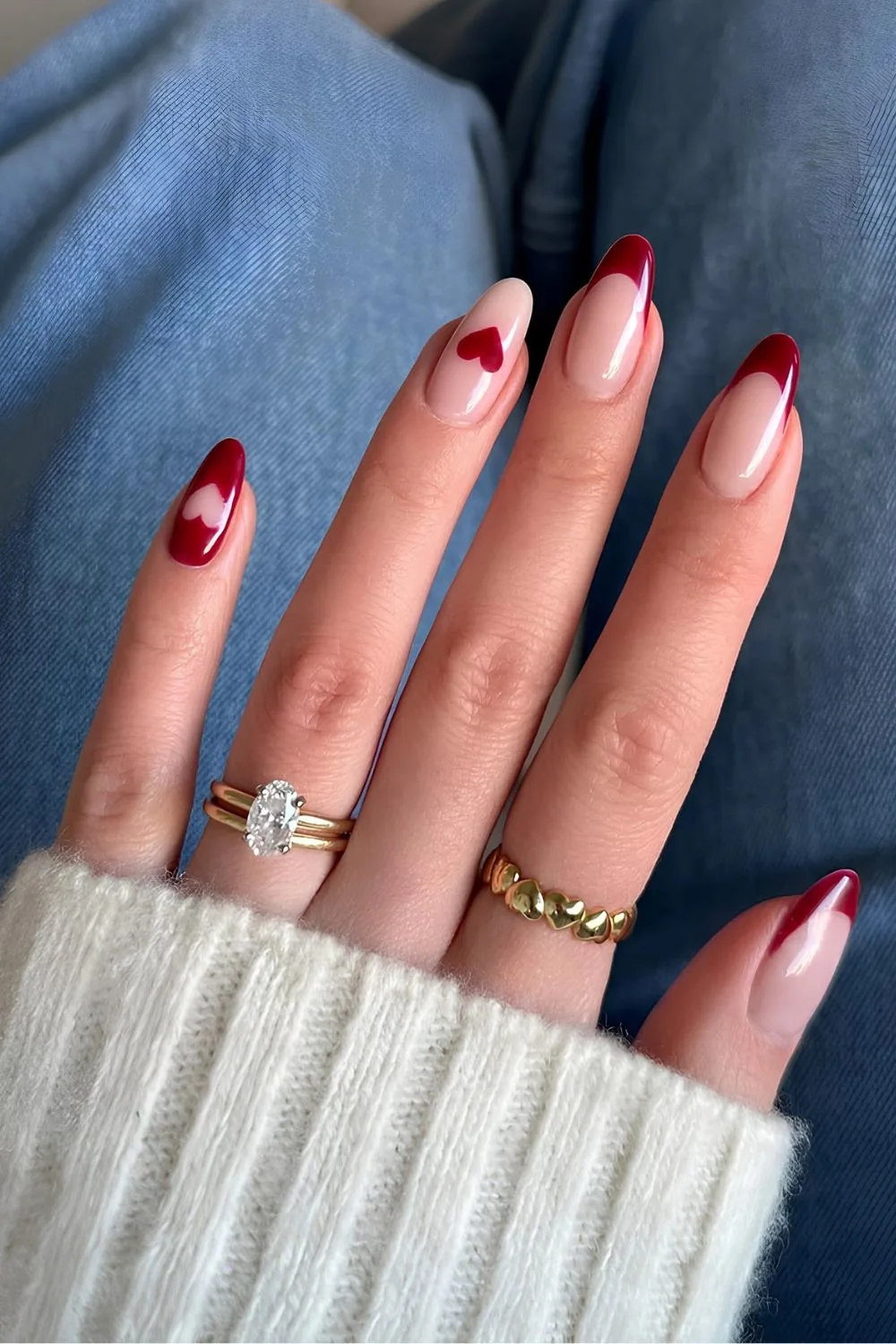 Dark red French nails with hearts