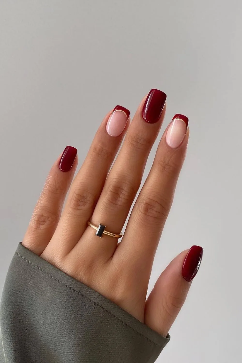 Dark red French tip and solid mix nails