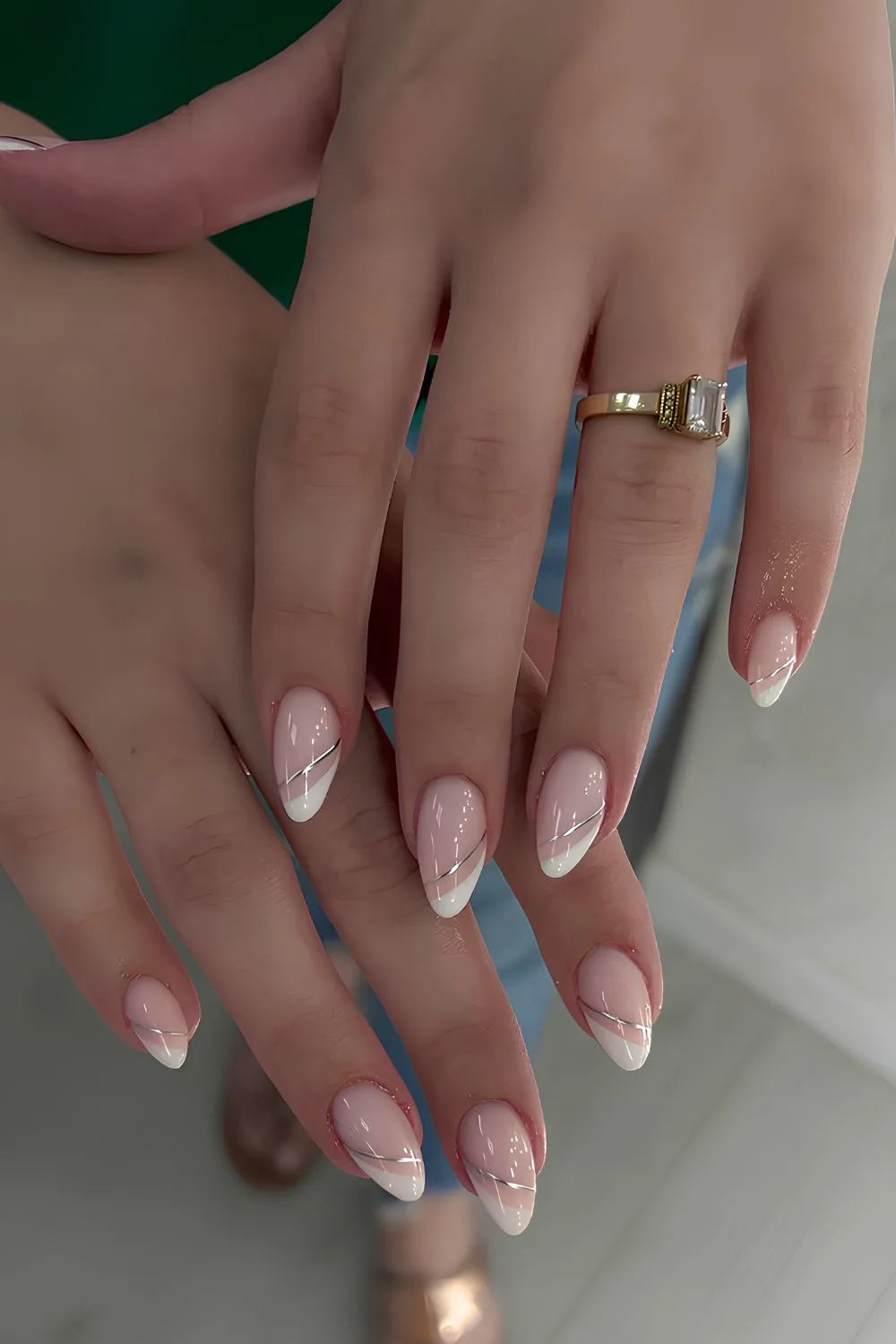 Double white side French nails with silver accent